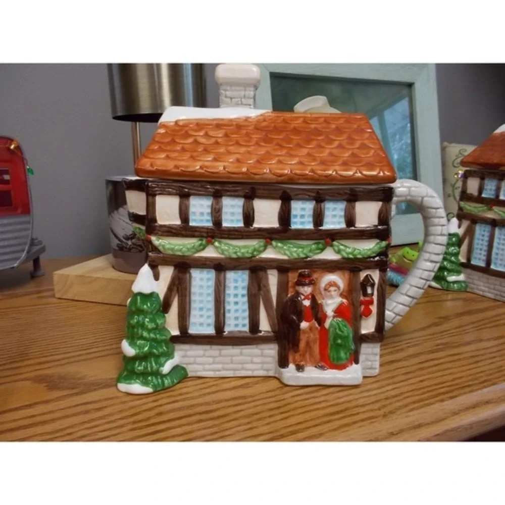 Vintage Victorian Christmas Village Ceramic Teapot Holiday Cottage Decor